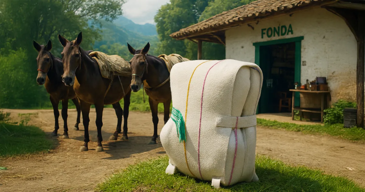 Enjalma en el suelo preparada para ensillar una mula en el campo caldense