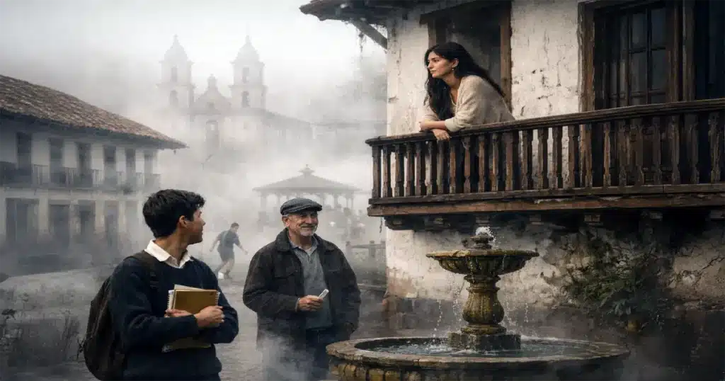 Escena neblinosa en Salamina con fuente central, balcones coloniales y figuras humanas envueltas en luz tenue, evocando memoria, amor y enseñanza.