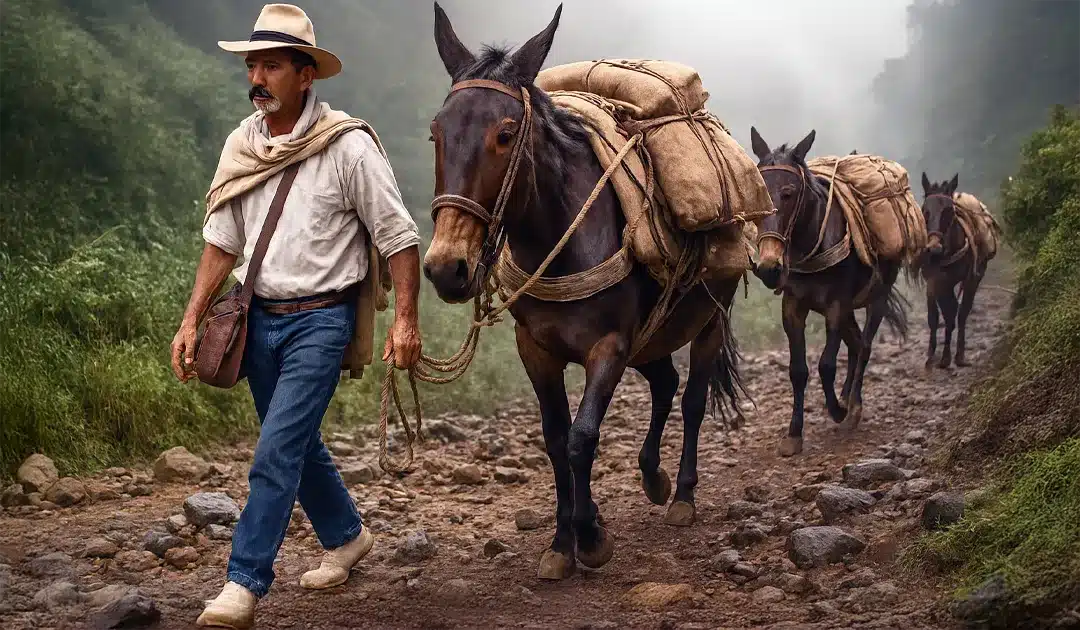 Arriero caminando con mulas cargadas por trocha neblinosa en San Félix, símbolo de tradición y resistencia.