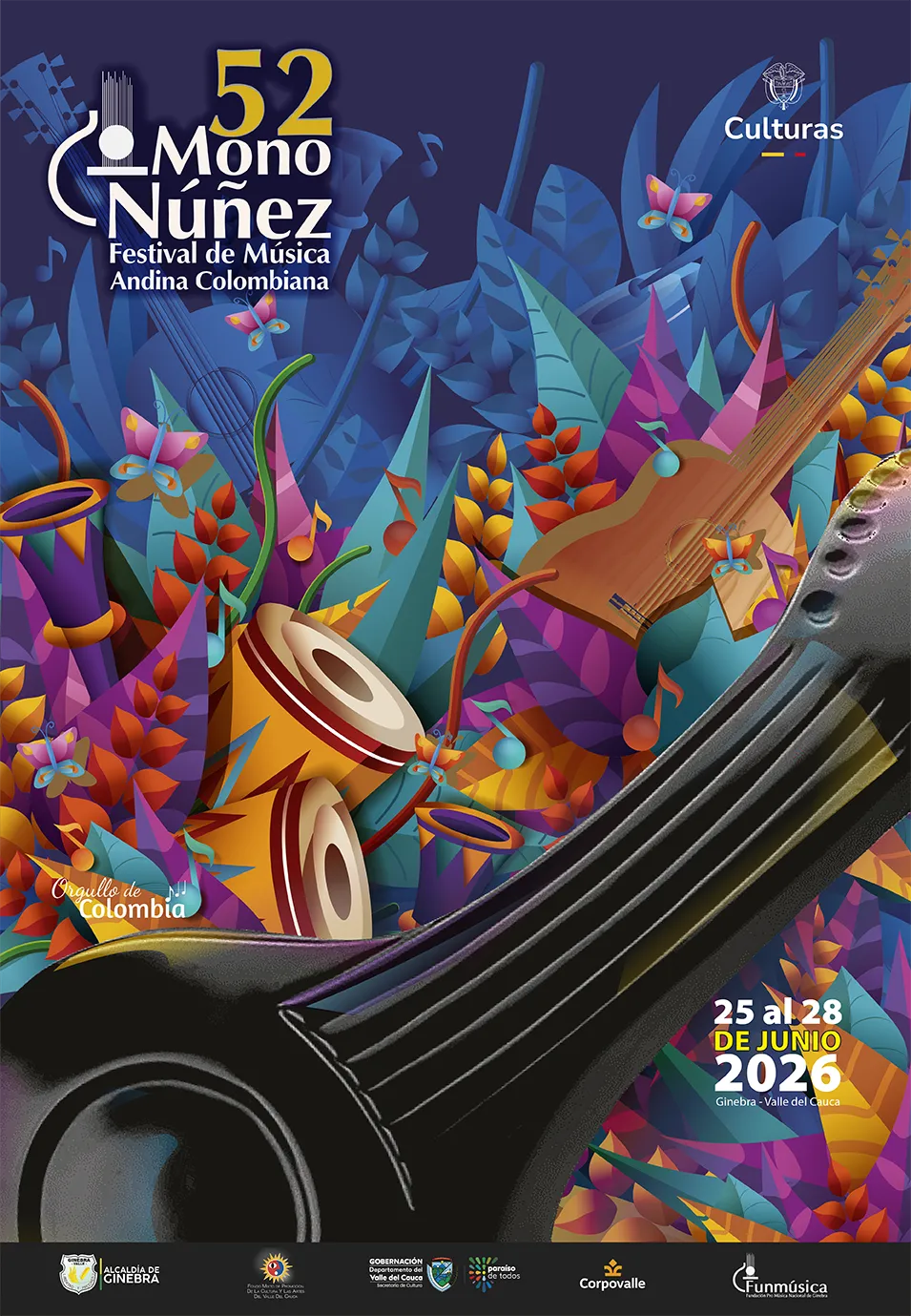 Afiche oficial del Festival 52 Mono Núñez 2026 con bandola, instrumentos andinos, flores y fondo azul vibrante en Ginebra, Valle del Cauca.
