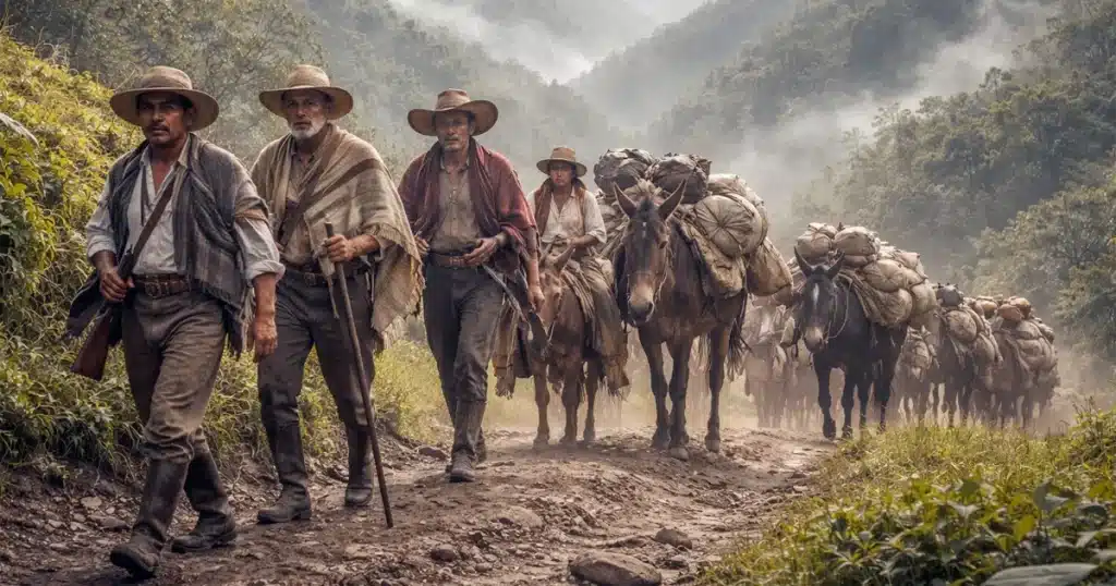 Mercado tradicional de cacharreros antioqueños del siglo XIX en un pueblo colonial.