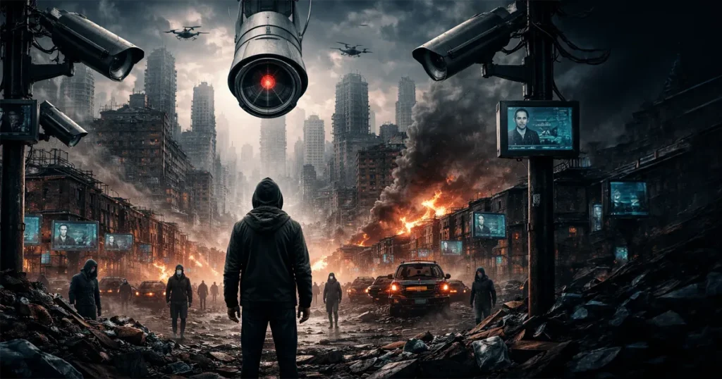 Ciudad distópica con cámaras de vigilancia gigantes, drones y edificios en llamas, simbolizando el paso de la ficción a la realidad.