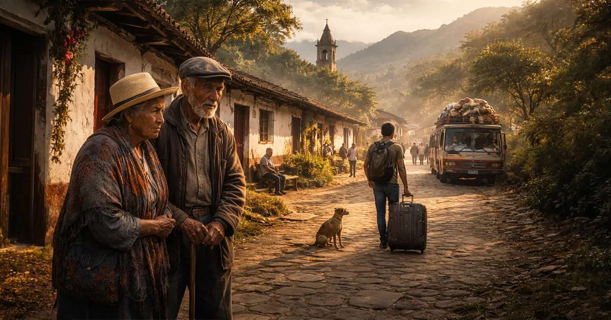Joven se aleja con maleta por calle rural mientras pareja mayor observa, simbolizando migración juvenil en pueblos de Caldas.