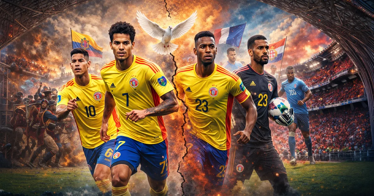 Jugadores de la Selección Colombia avanzan en un estadio con una grieta simbólica al fondo y una paloma blanca en el cielo, representando unidad en medio de la tensión competitiva.