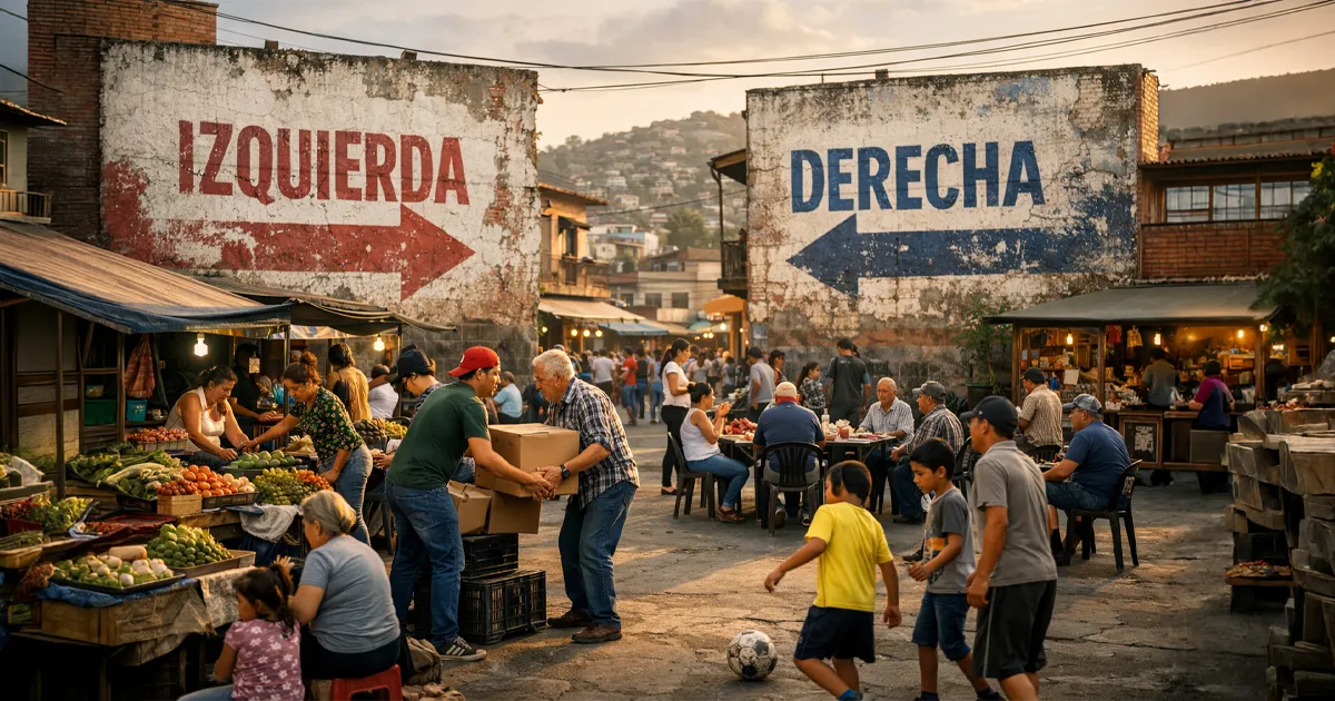 Comunidad colombiana en un mercado de barrio mientras murales de “izquierda” y “derecha” simbolizan el viejo debate político.
