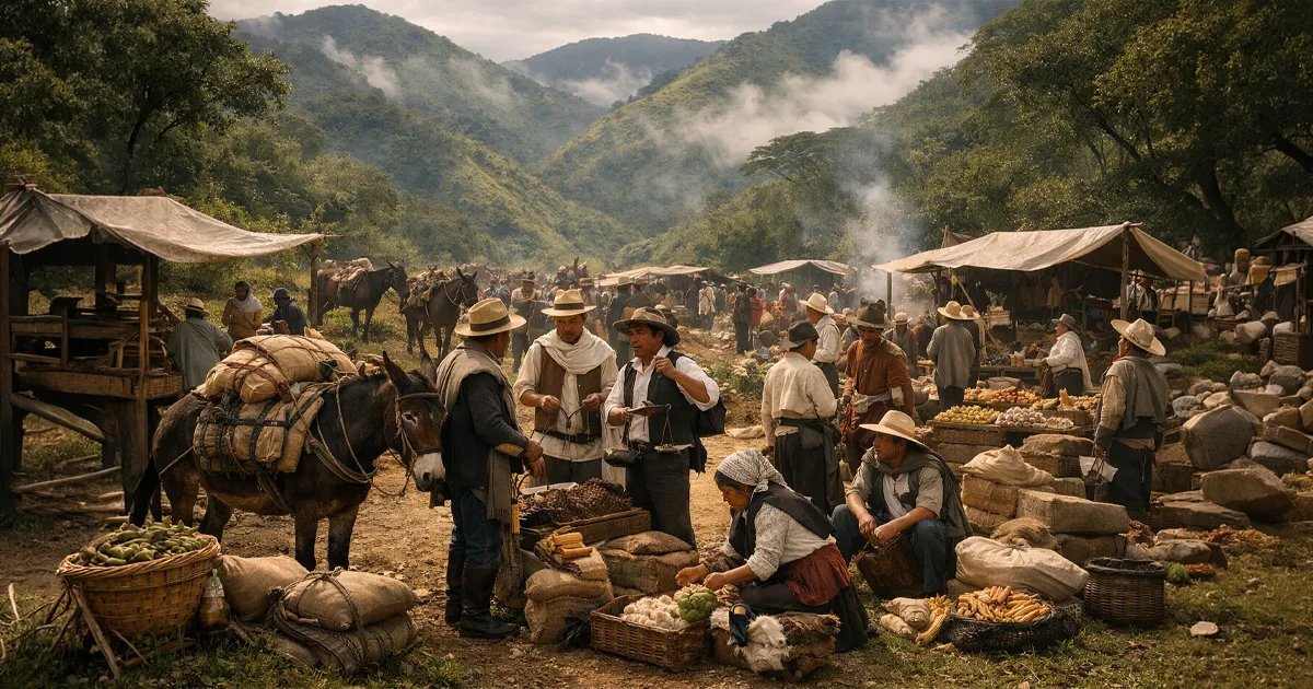 Mercado campesino en las montañas de la colonización antioqueña con arrieros, mulas cargadas y campesinos intercambiando productos en un claro del bosque.