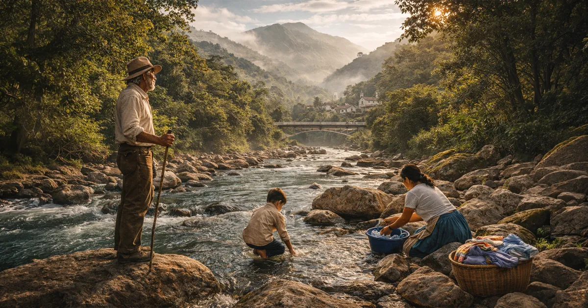 Familia campesina junto a un río de montaña en Caldas, con la cordillera central y un pequeño pueblo al fondo, representando la memoria del paisaje y la relación histórica entre las comunidades y el agua.