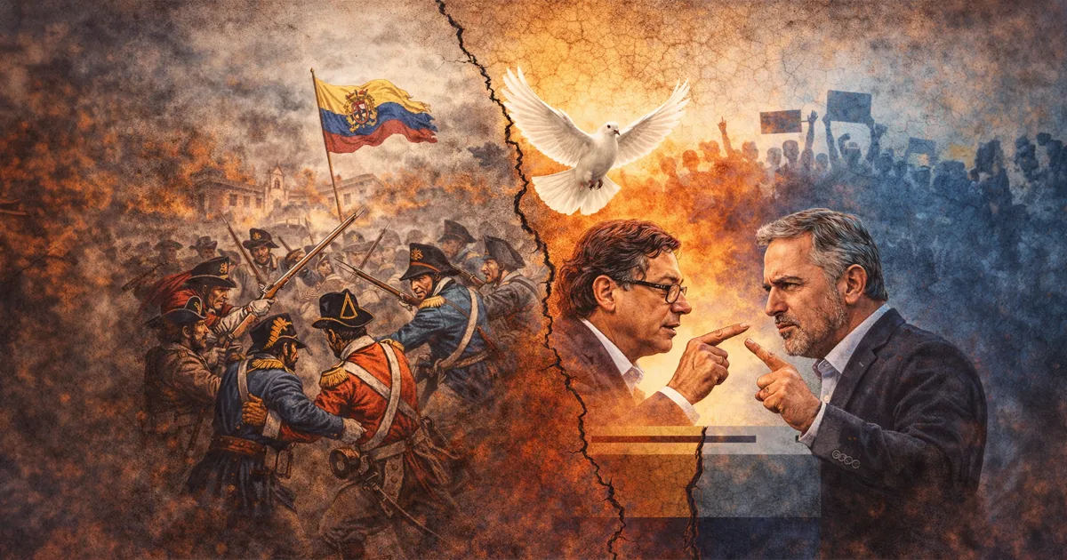 Ilustración dividida en dos: a la izquierda, una batalla de la independencia de Colombia; a la derecha, dos líderes políticos actuales discuten con tensión, mientras una paloma blanca vuela al centro simbolizando la paz entre ambos lados.