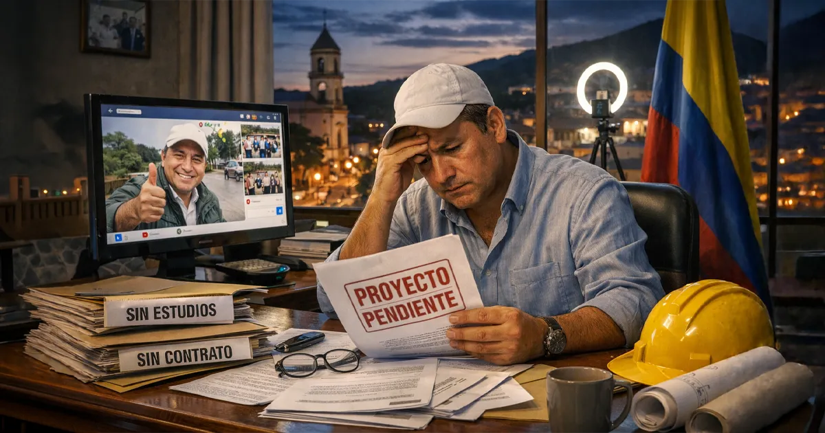 Representación de la gestión del alcalde de Salamina con proyectos sin estudios ni contratos mientras se anuncian obras en redes sociales.