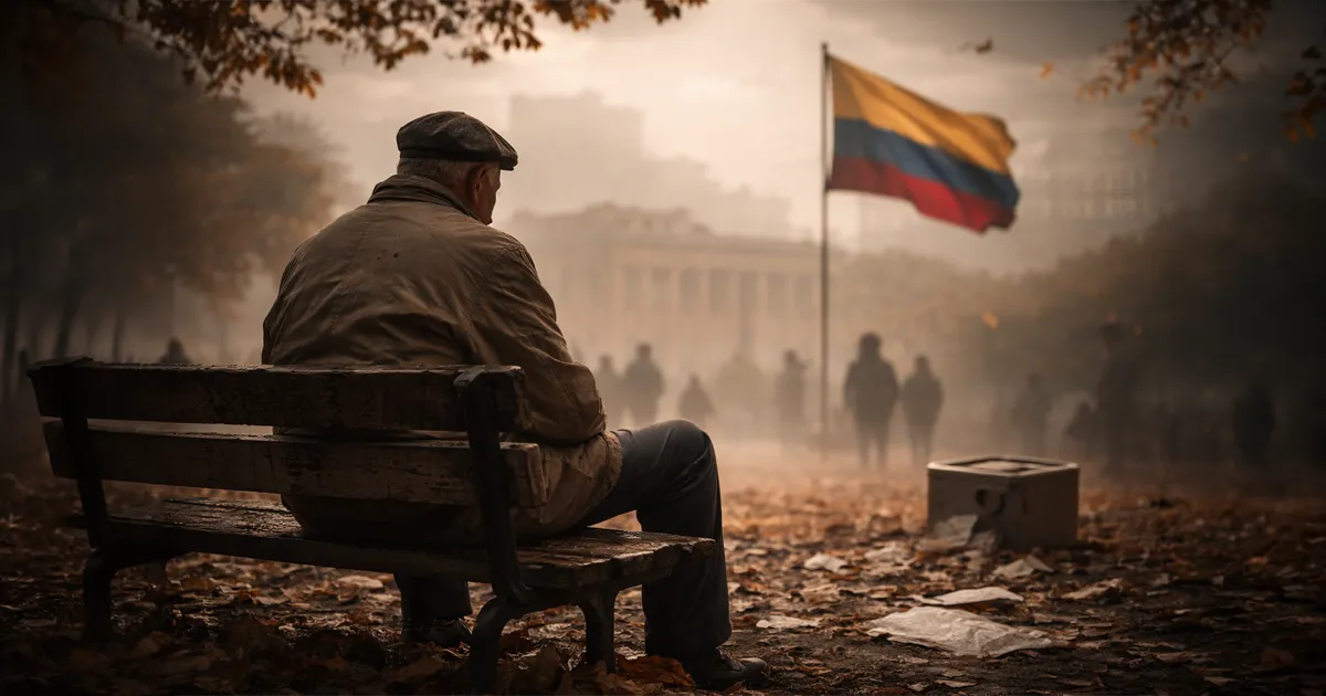 Hombre mayor sentado en banca observa bandera de Colombia en un parque otoñal con ambiente nostálgico