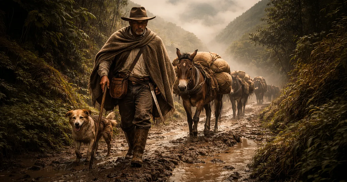 Los arrieros, marineros de las montañas que abrieron camino, forjaron Caldas entre trochas, fondas, mulas y noches de tiple.
