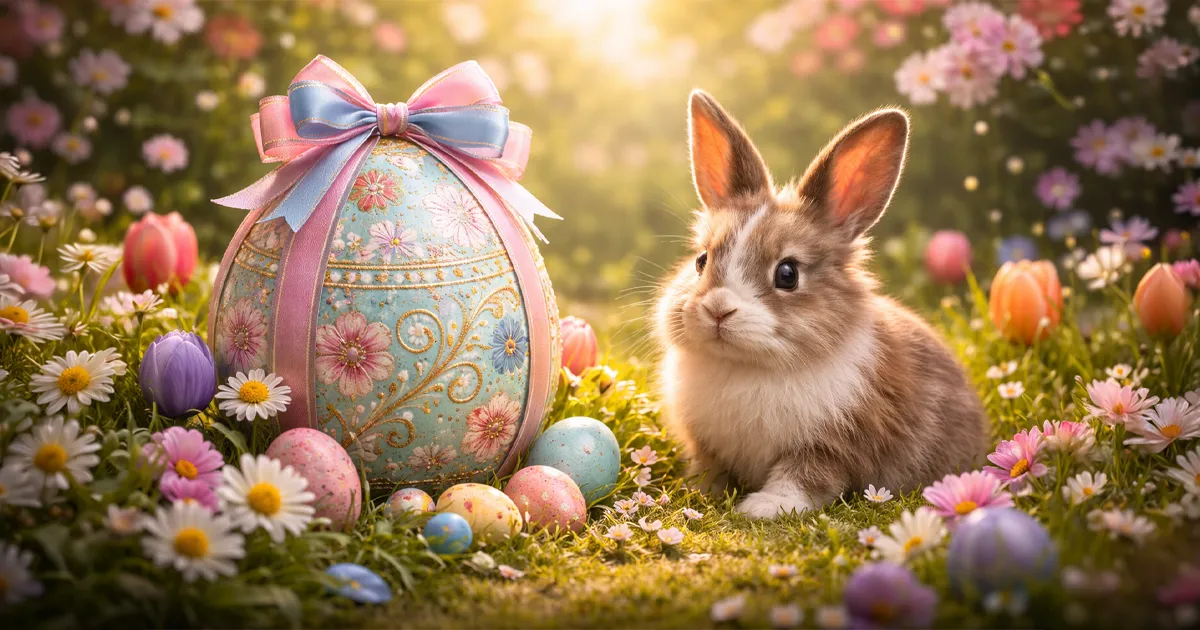 Un colorido huevo de Pascua destaca entre flores primaverales, mientras un tierno conejo aparece discretamente, completando una escena cálida