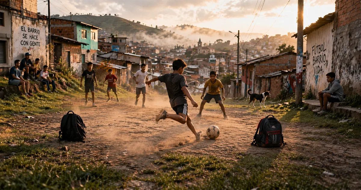 En Caldas, el fútbol de barrio se convierte en un ritual de comunidad, memoria y esperanza entre calles de polvo y sueños compartidos.