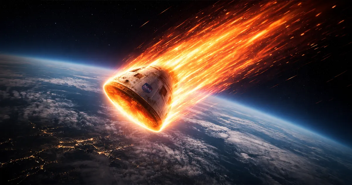 Cápsula Orión reingresando a la atmósfera terrestre envuelta en plasma incandescente sobre la curvatura de la Tierra