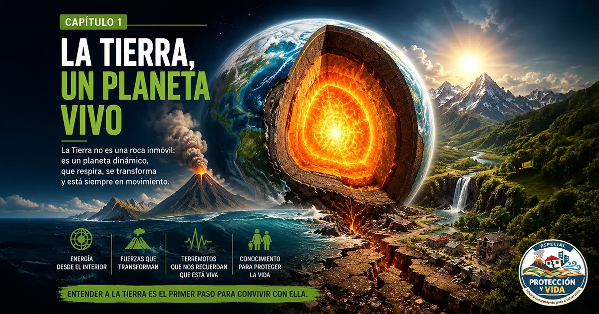 Ilustración editorial de la Tierra mostrando un corte transversal con el núcleo, el manto y la corteza, acompañada de volcanes, montañas y actividad geológica, utilizada para presentar el proyecto Protección y Vida y el primer volumen Cuando la Tierra Habla sobre los terremotos en Colombia.