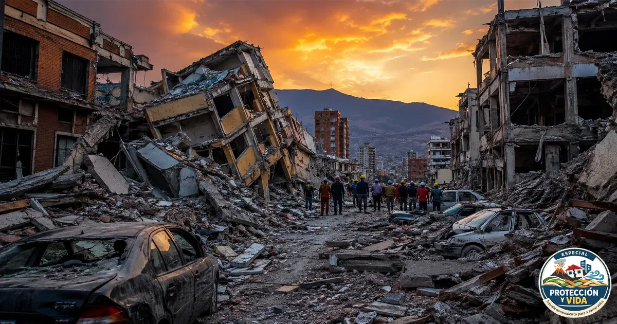 Ciudad destruida tras el doble terremoto de Venezuela de 2026 con edificios colapsados y equipos de rescate trabajando entre los escombros.